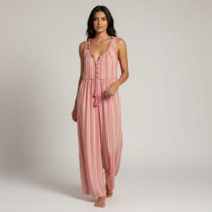 Anthropologie Striped Ruffle V Neck Tassel Jumpsuit Wide Leg‎ Pink Women's Small